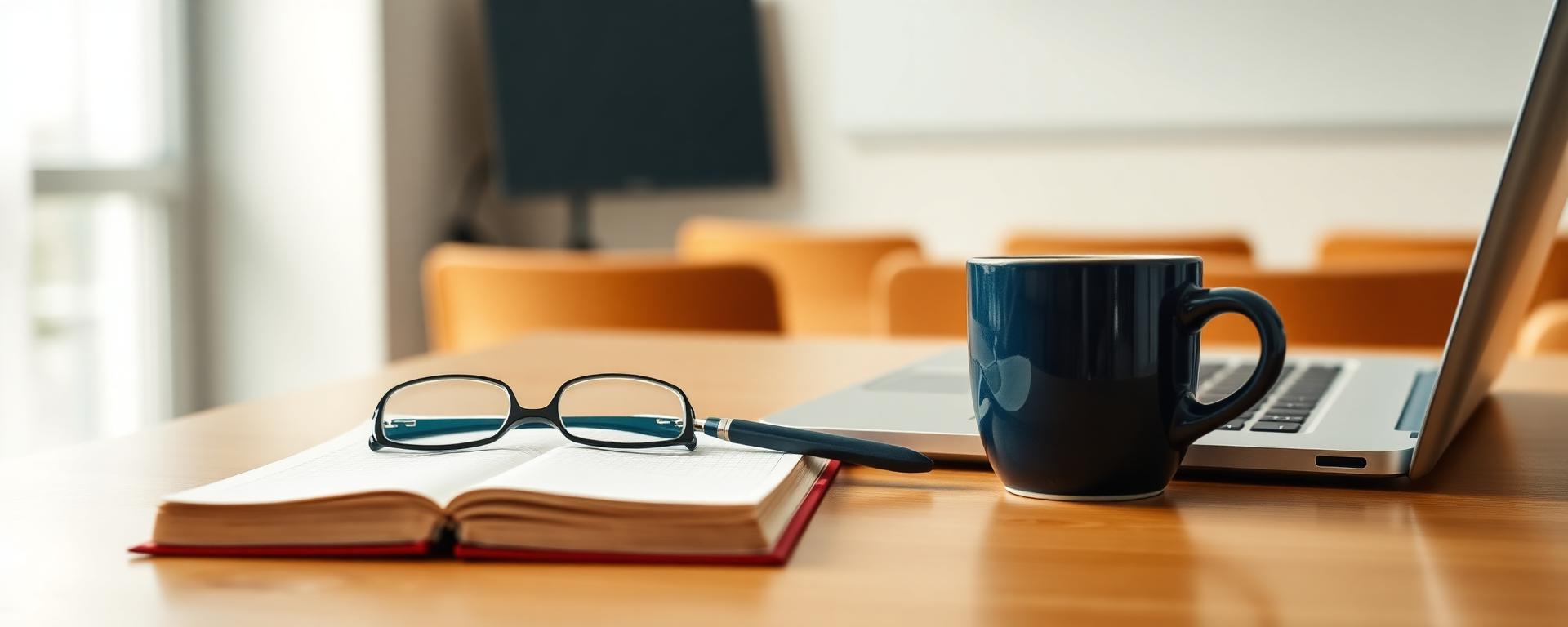 Notebook, glasses, and laptop in a continuing education classroom